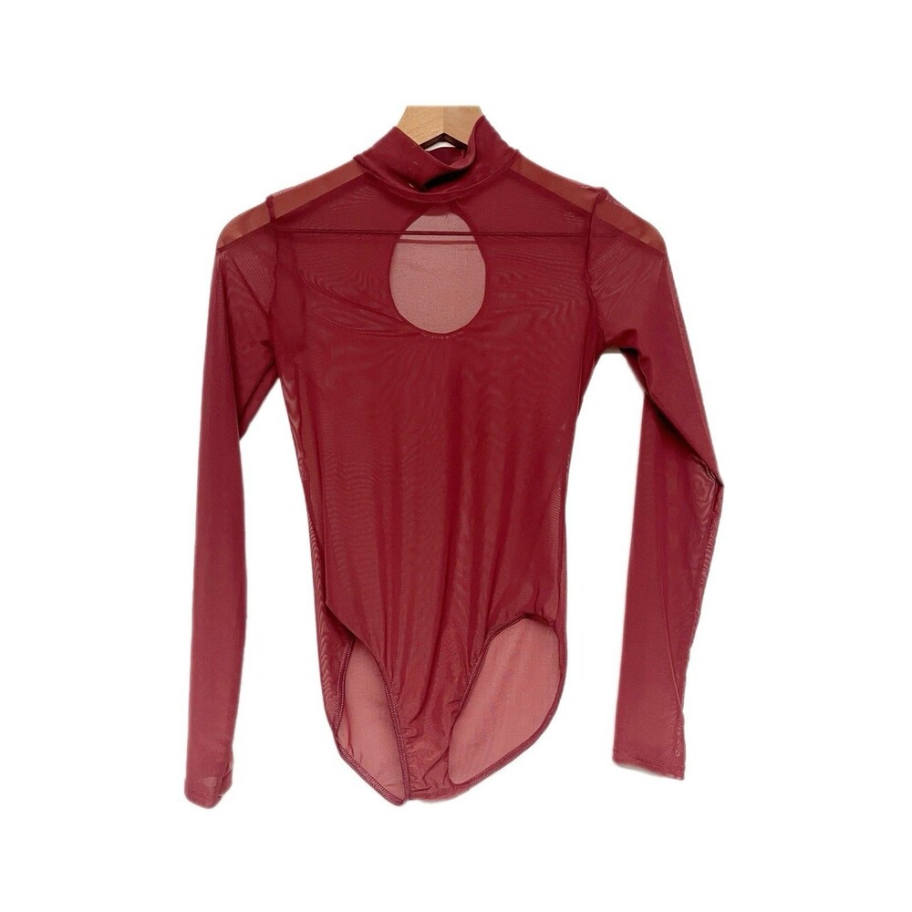 Womens Sheer Long Sleeve Bodysuit Leotard Size S Mauve Cutout Back Minimalist